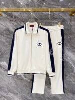 Gucci Men Interlocking G Embroidery Lapel Zip‑Up Tracksuit 2pcs Set Off‑White Navy Outfit