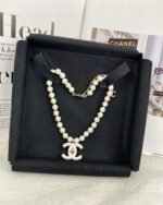 Chanel Women Pearl Choker Necklace Large Resin Double‑C Pendant Adjustable Vintage Short Statement Necklace - Image 2
