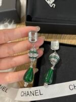 Chanel Women Mother‑of‑Pearl Top Long Drop Earrings Green Crystal Rhinestone Teardrop Bead Luxury Evening Dangle Earrings - Image 4
