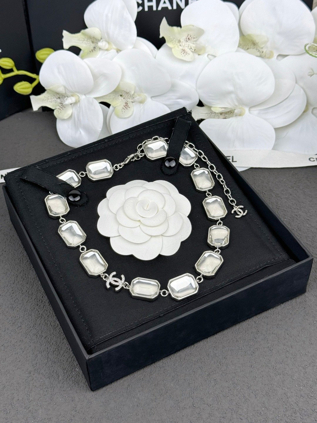 26082002-Chanel-Jewelry-36 Chanel Women Silver‑Tone Rectangular Mother‑of‑Pearl Choker Necklace Rhinestone‑Paved Double‑C Logo Adjustable Elegant Short Necklace - Image 1