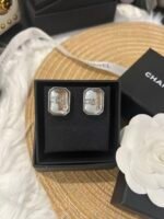 Chanel Women Silver‑Tone Rectangular Clear Crystal Stud Earrings Embedded Double‑C Logo Minimalist Square Earrings