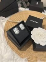 Chanel Women Silver‑Tone Rectangular Clear Crystal Stud Earrings Embedded Double‑C Logo Minimalist Square Earrings - Image 2