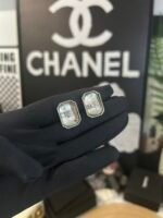 Chanel Women Silver‑Tone Rectangular Clear Crystal Stud Earrings Embedded Double‑C Logo Minimalist Square Earrings - Image 3