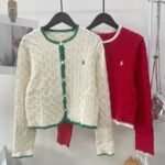 Ralph Lauren Women Cable Knit Cropped Cardigan Contrast Trim Pony Embroidered Button‑Down Preppy Knit Sweater Coat