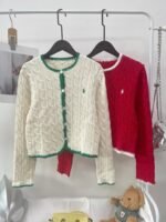 Ralph Lauren Women Cable Knit Cropped Cardigan Contrast Trim Pony Embroidered Button‑Down Preppy Knit Sweater Coat