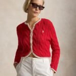 Ralph Lauren Women Cable Knit Cropped Cardigan Contrast Trim Pony Embroidered Button‑Down Preppy Knit Sweater Coat - Image 4