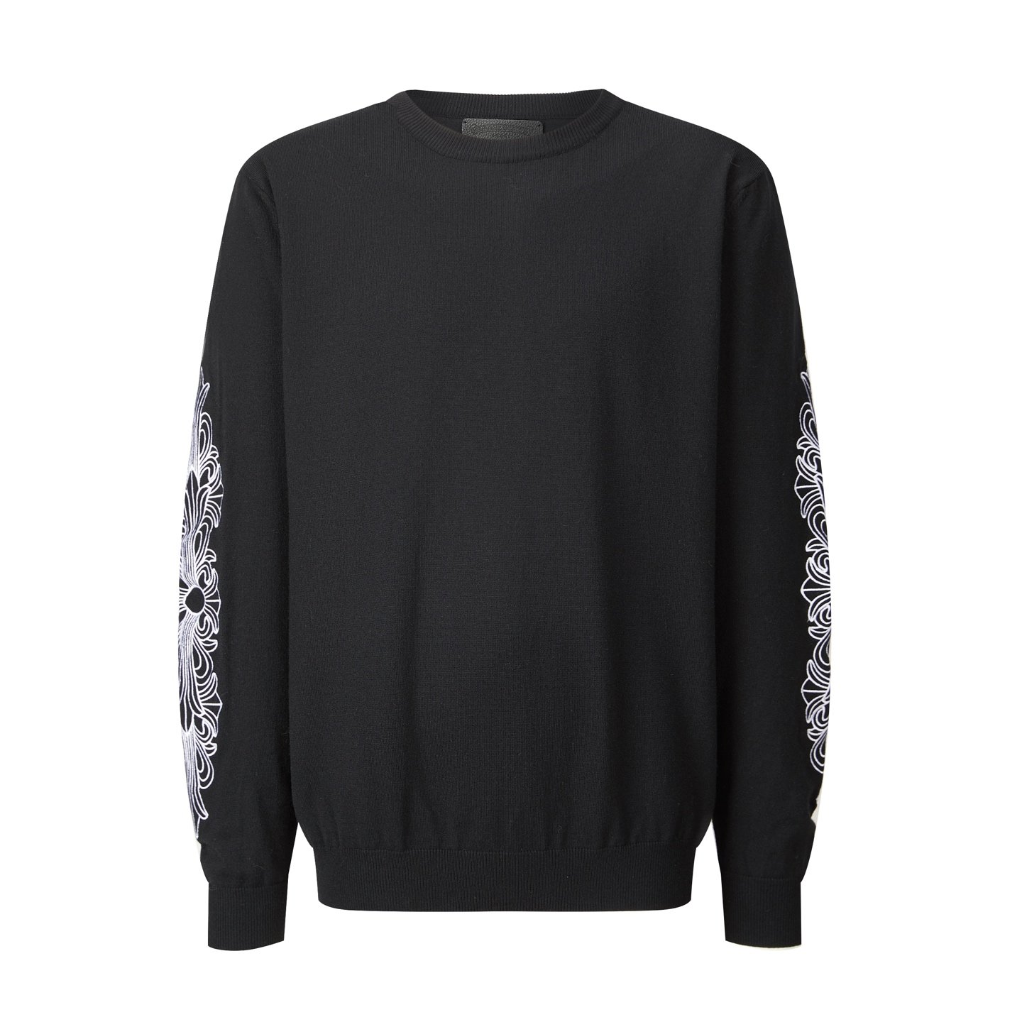 26082505-CH-Hoodie-Black-01 Chrome Hearts Black Crew‑Neck Knit Sweater Symmetric White Floral Scroll Embroidery On Both Long Sleeves - Image 1