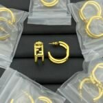 Fendi Women Hollow Letter C‑Shaped Hoop Earrings Gold‑Tone Double Layer Stud Earrings