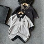 Prada Ribbed Knit Short Sleeve Polo Shirt Triangle Logo Contrast Trim Casual Top