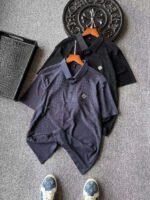 Prada Textured Waffle‑Knit Short‑Sleeve Polo Shirt Metal Clover Badge Casual Top