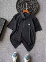 Prada Textured Waffle‑Knit Short‑Sleeve Polo Shirt Metal Clover Badge Casual Top - Image 2