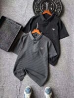 Prada Waffle‑Knit Short Sleeve Polo Shirt Triangle Metal Badge Casual Top