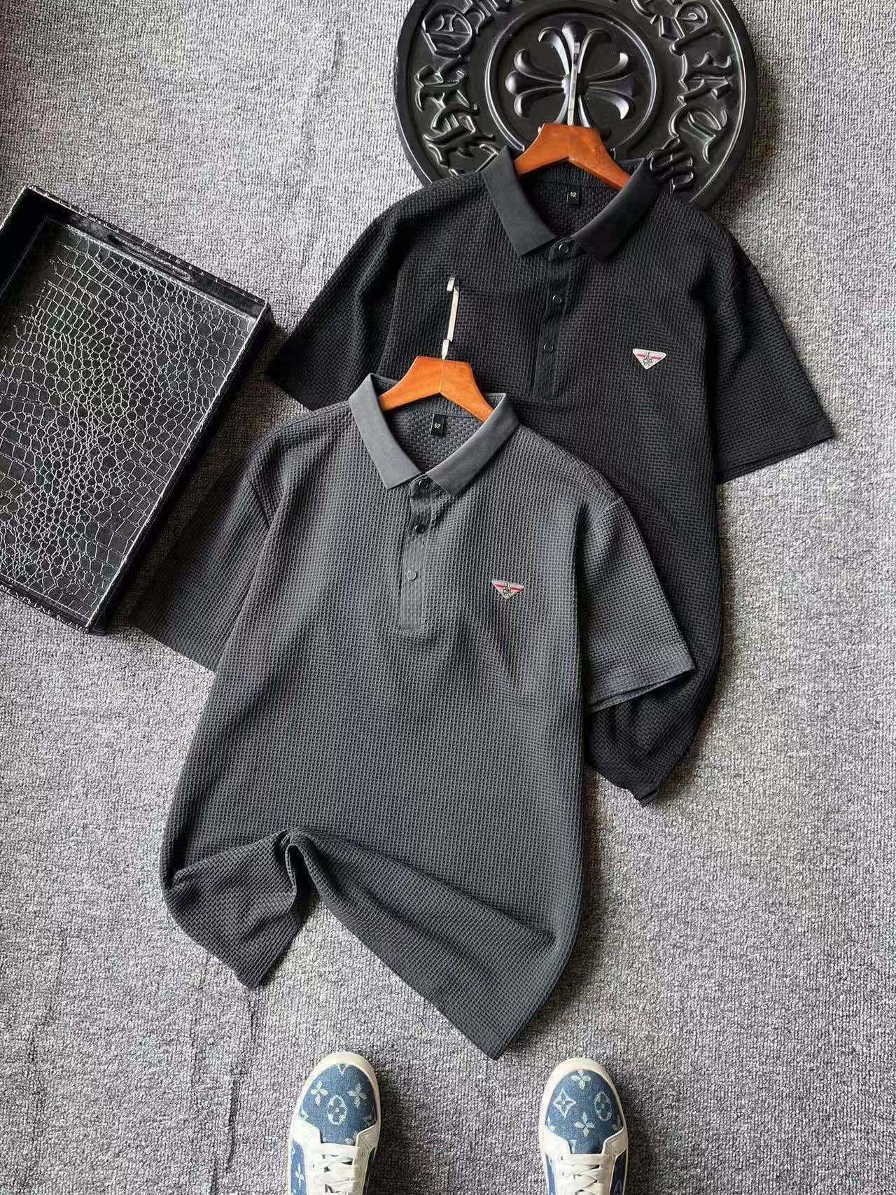 26090401-Prada-028 Prada Waffle‑Knit Short Sleeve Polo Shirt Triangle Metal Badge Casual Top - Image 1