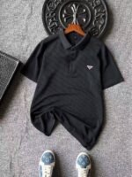 Prada Waffle‑Knit Short Sleeve Polo Shirt Triangle Metal Badge Casual Top - Image 2