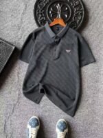 Prada Waffle‑Knit Short Sleeve Polo Shirt Triangle Metal Badge Casual Top - Image 4