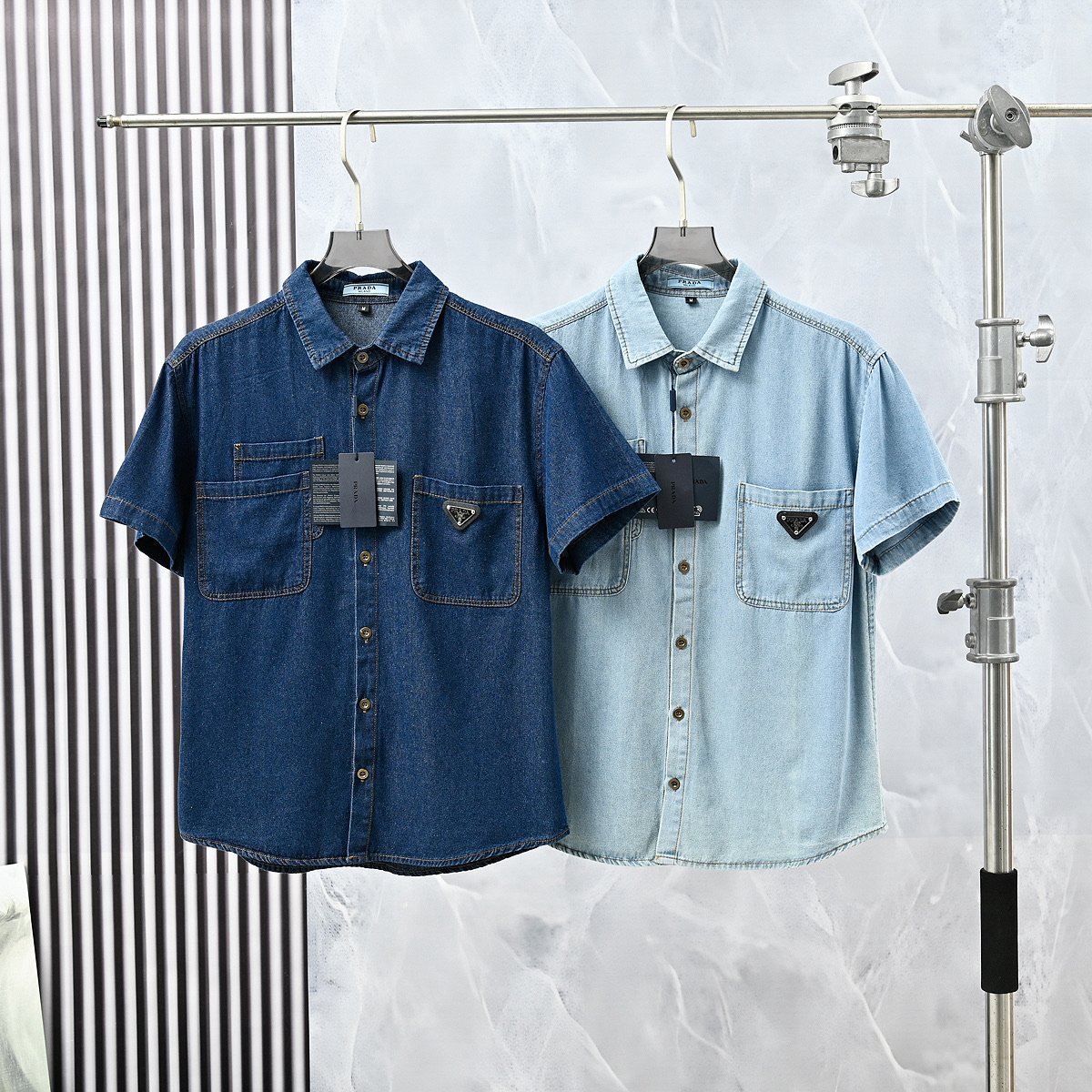 26090401-Prada-189 Prada Triangle Logo Short Sleeve Denim Shirt Lapel Collar Casual Button Top - Image 1
