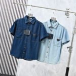 Prada Triangle Logo Short Sleeve Denim Shirt Lapel Collar Casual Button Top - Image 2