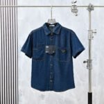 Prada Triangle Logo Short Sleeve Denim Shirt Lapel Collar Casual Button Top - Image 4