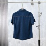 Prada Triangle Logo Short Sleeve Denim Shirt Lapel Collar Casual Button Top - Image 3
