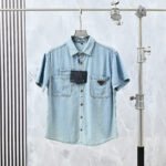 Prada Triangle Logo Short Sleeve Denim Shirt Lapel Collar Casual Button Top - Image 5