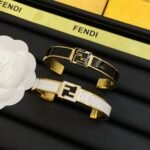 Fendi Enamel Cuff Bangle Gold‑Tone Double‑F Logo Open C‑Shape Bracelet