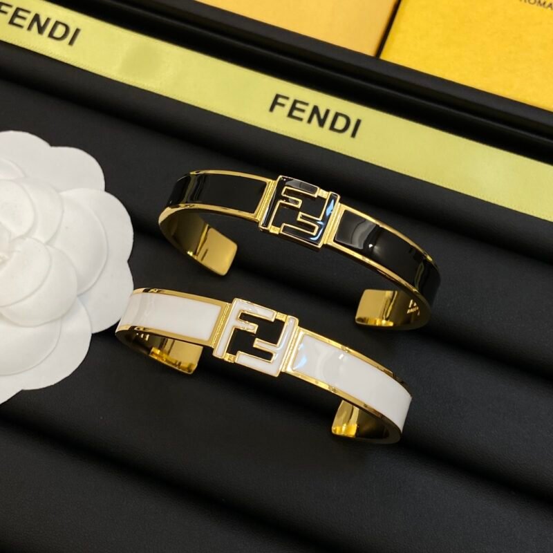 Fendi Enamel Cuff Bangle Gold‑Tone Double‑F Logo Open C‑Shape Bracelet