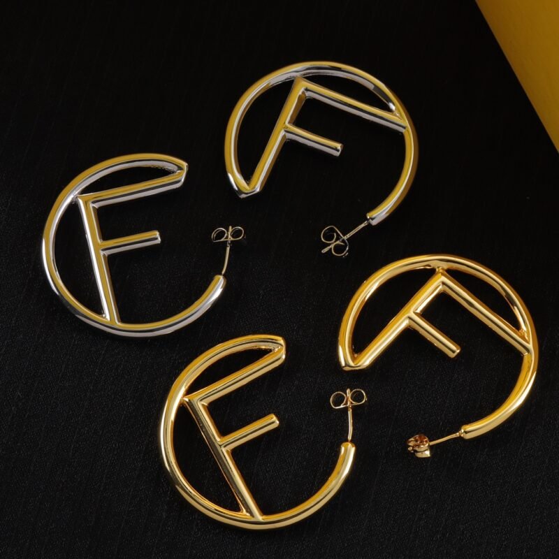 Fendi Hollow Letter F C‑Shaped Hoop Earrings Gold Silver Tone Large Circle Stud Earrings