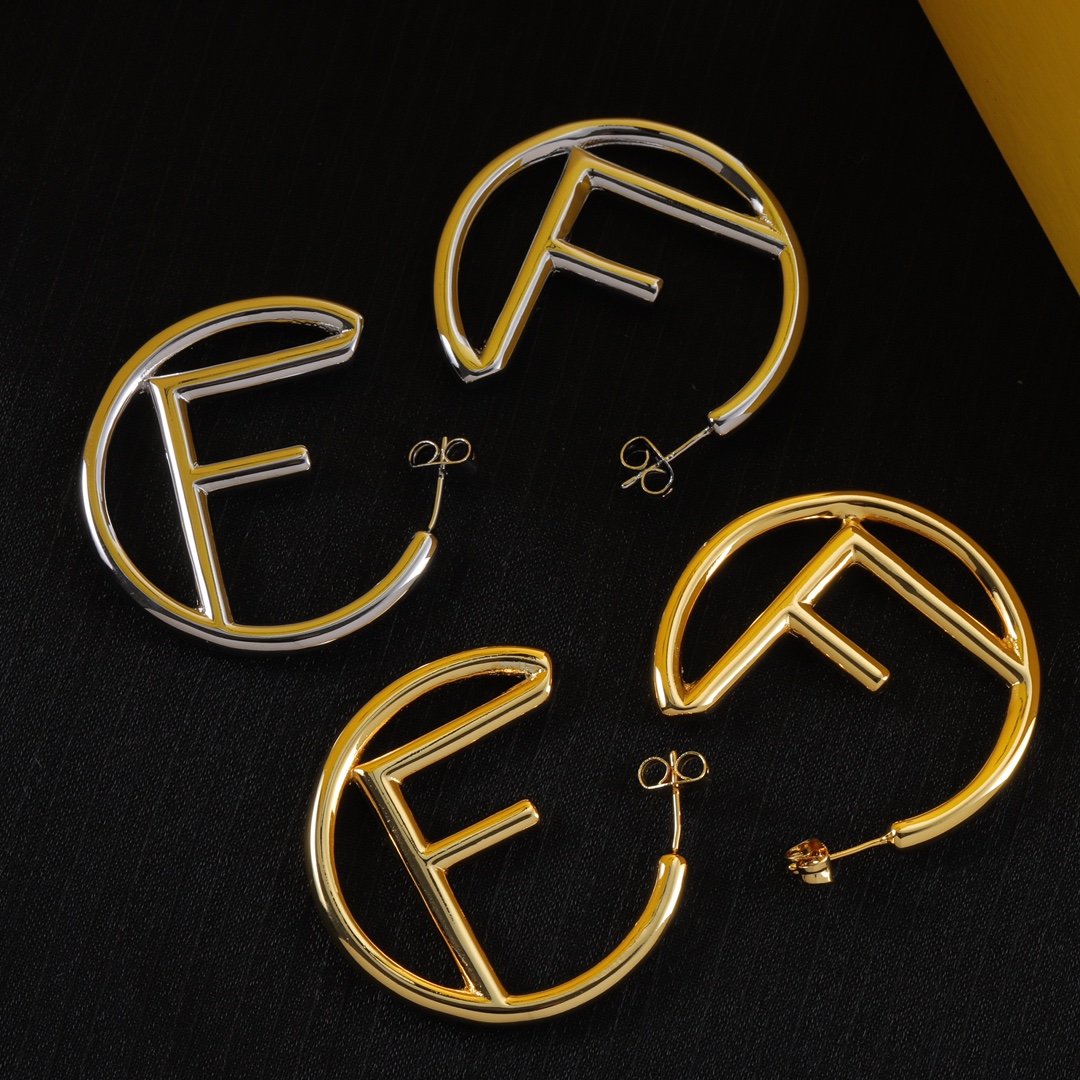 26090703-Fendi-Earring-1 Fendi Hollow Letter F C‑Shaped Hoop Earrings Gold Silver Tone Large Circle Stud Earrings