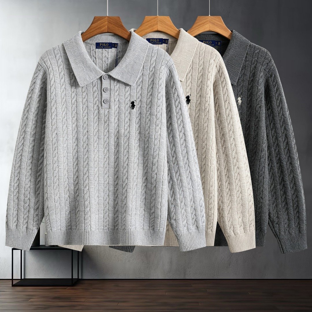 26091501-PRL-01 Polo Ralph Lauren Cable Knit Polo Sweater Collared Long Sleeve Pullover with Pony Embroidery - Image 1