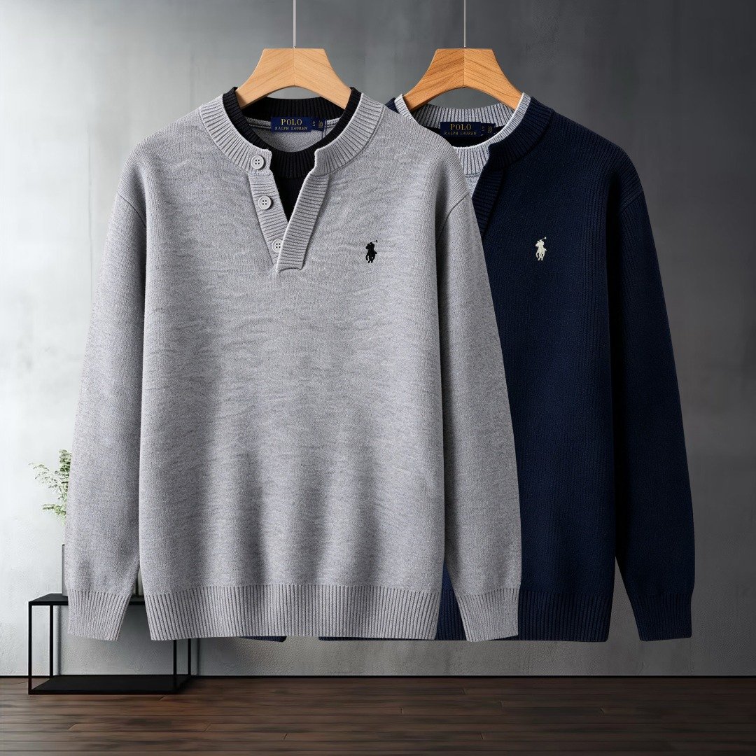 26091501-PRL-10 Polo Ralph Lauren Henley Collar Knit Sweater Fake Two Piece Pullover with Pony Embroidery - Image 1