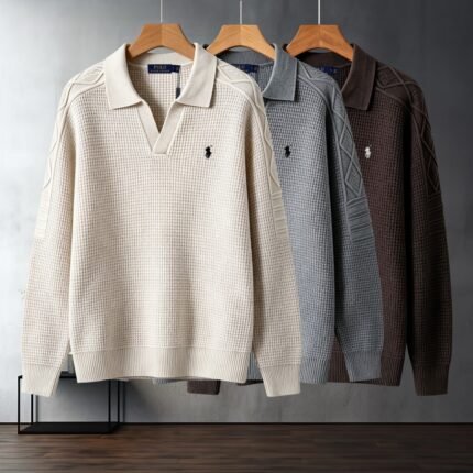 Ralph Lauren Polo Collar Knit Sweater Pony Embroidered Waffle Texture Long Sleeve Pullover