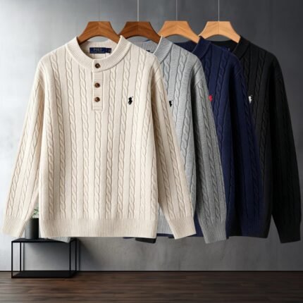 Polo Ralhp Lauren Henley Collar Cable Knit Sweater Pony Embroidered Long Sleeve Warm Pullover