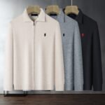 Polo Ralhp Lauren Lapel Zip Up Knit Cardigan Pony Embroidered Herringbone Texture Jacket