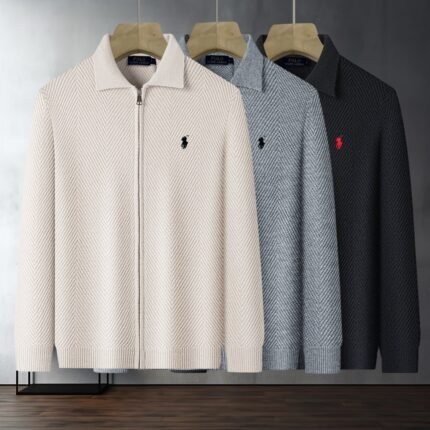 Polo Ralhp Lauren Lapel Zip Up Knit Cardigan Pony Embroidered Herringbone Texture Jacket