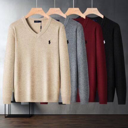 Polo Ralph Lauren V Neck Knit Sweater Classic Pony Embroidered Solid Color Warm Pullover